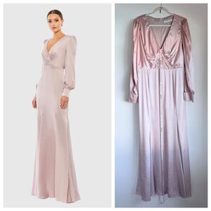 NWT Ieena for Mac Duggal Satin Ruched Bishop Sleeve Gown Rose Pink Size 14 55635
